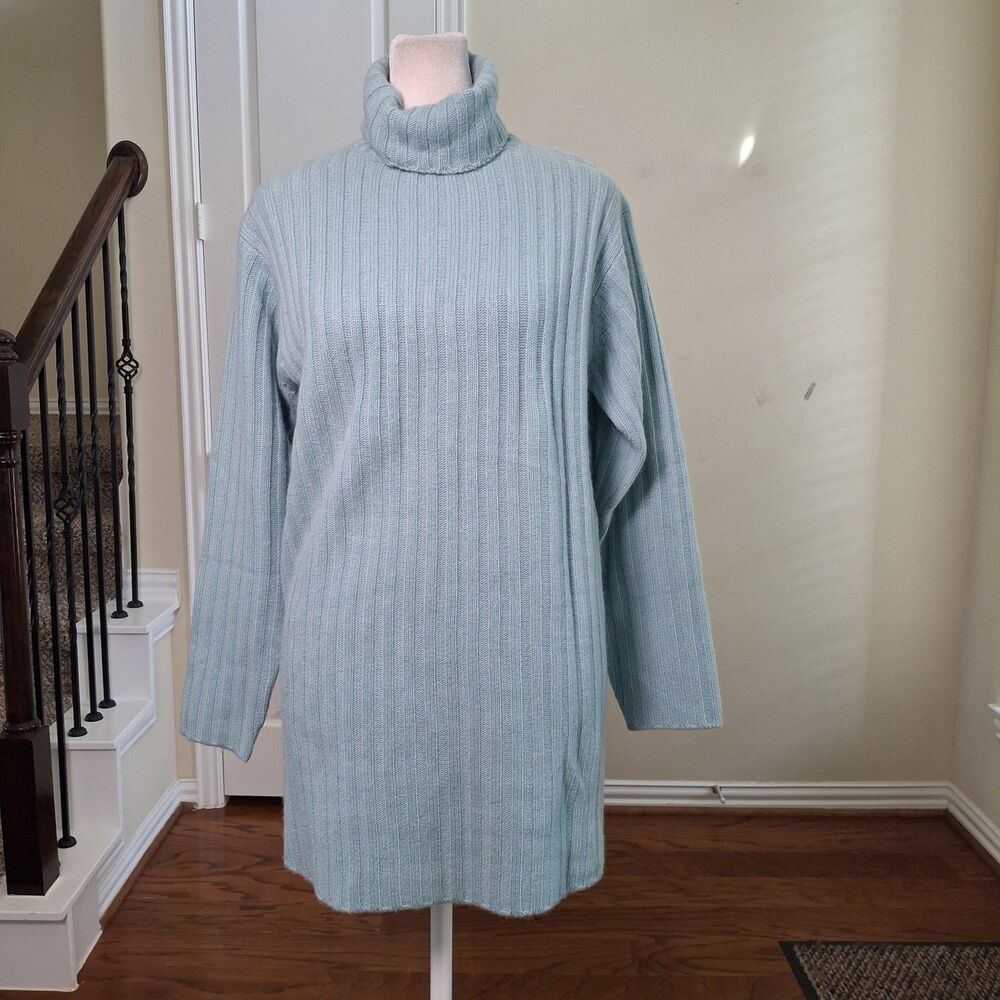 Neiman Marcus 100% Cashmere Turtleneck Tunic Sweater Green Women M Ribbed Fall